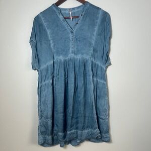 Free People Babydoll Mini Dress Womens XS Blue Henley Boho Short Sleeve Rayon